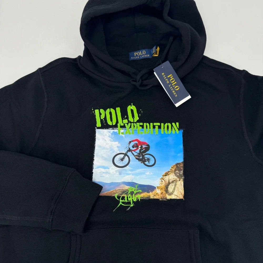 Polo Ralph Lauren Mens Expedition Mountain Bike Graphic Hoodie Black Large NEW